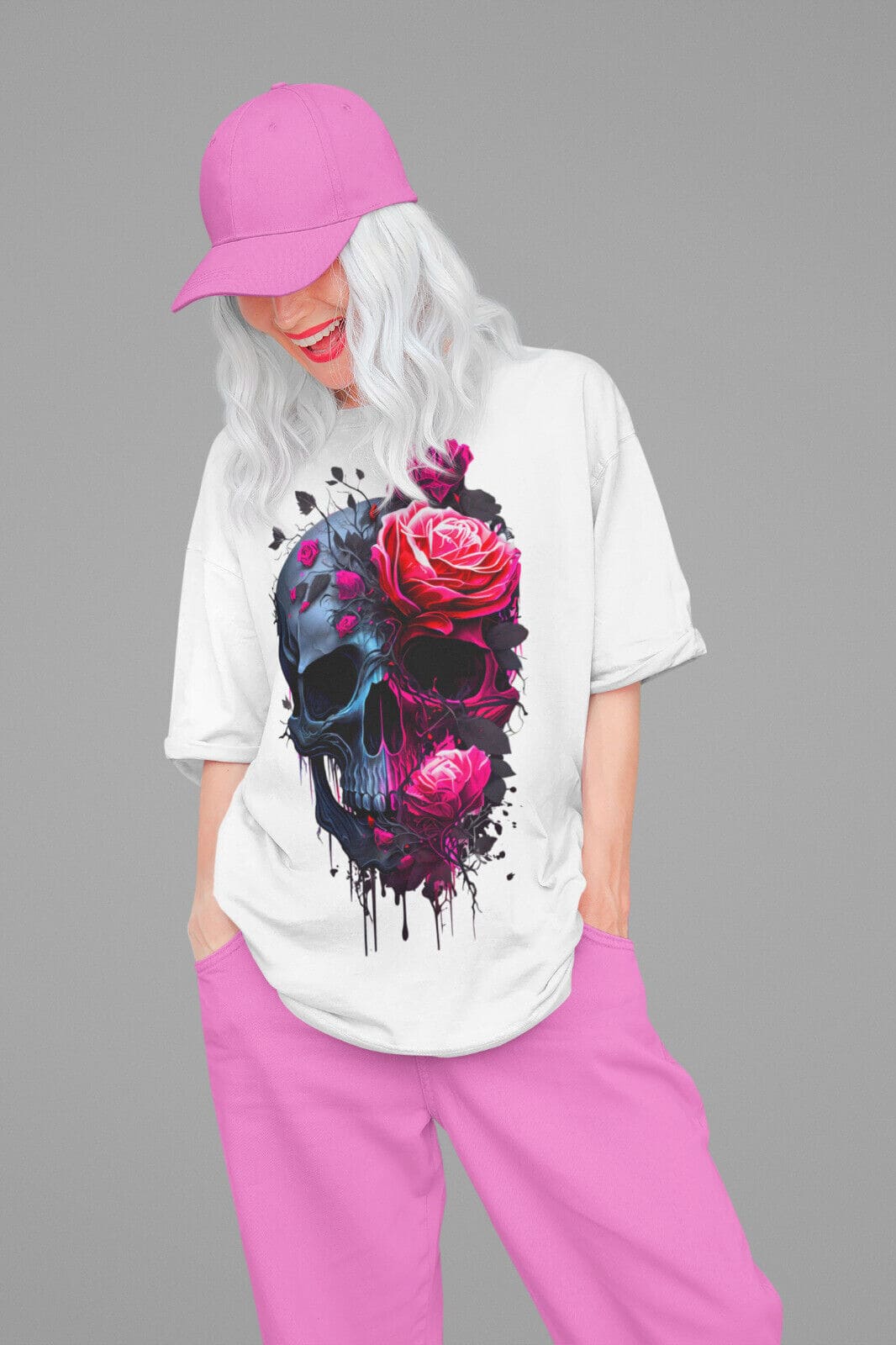 Damen Oversize Shirt Halbrosen Totenkopf Beatz