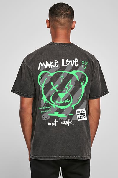 Herren Oversize Shirt Make Love Not War Black Acid Washed