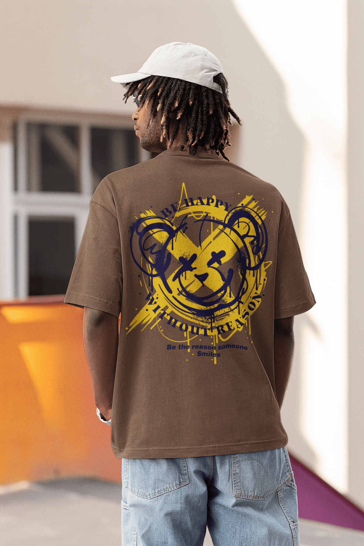 Herren Oversize Shirt Be Happy With out Reason Back Print
