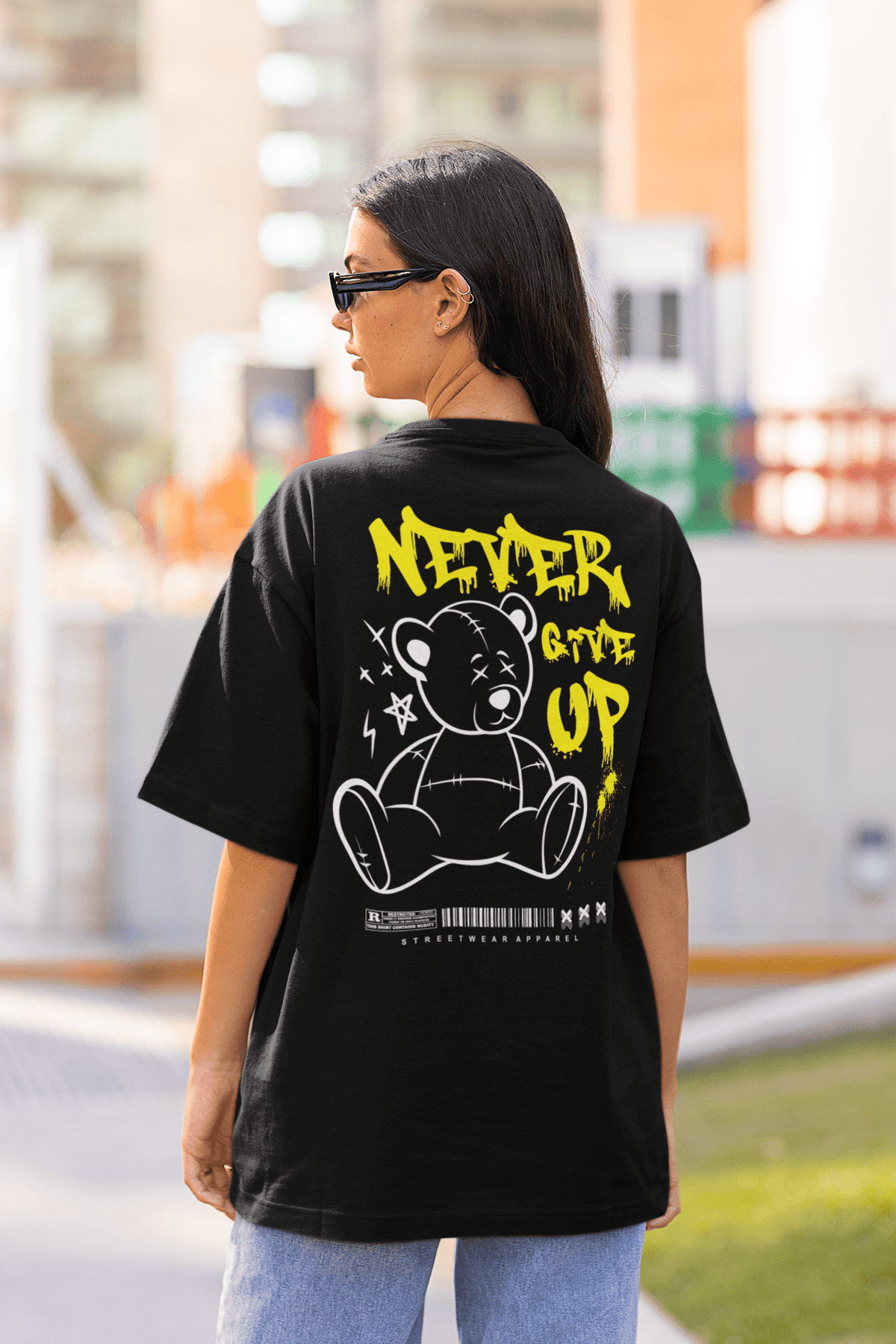 Damen Oversize Shirt Never Give Up Back Print