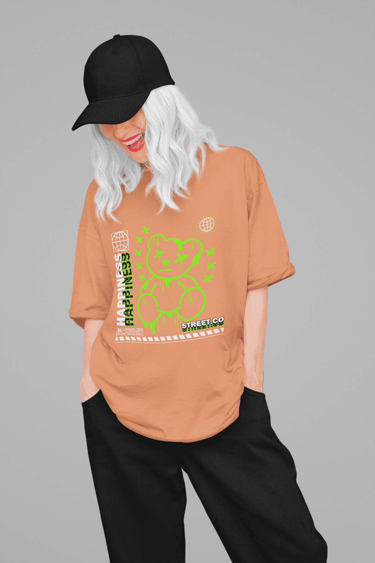 Damen Oversize Shirt Happiness Front Print