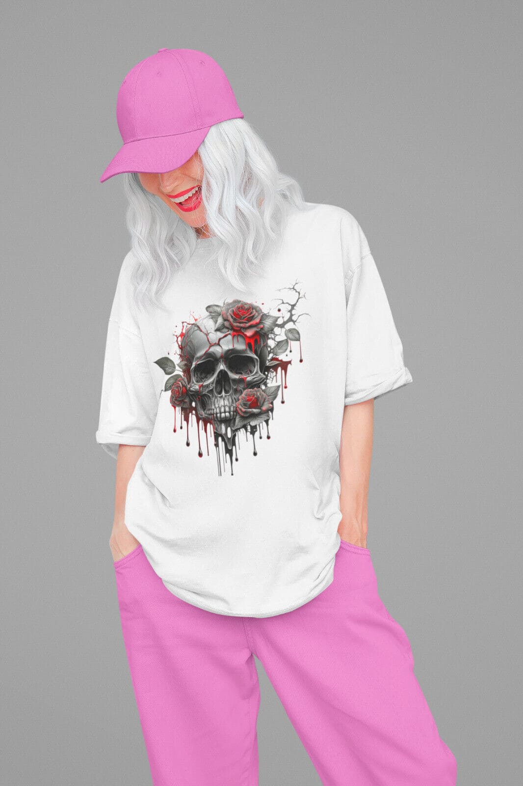 Damen Oversize Shirt Rote Rosen Totenkopf Beatz