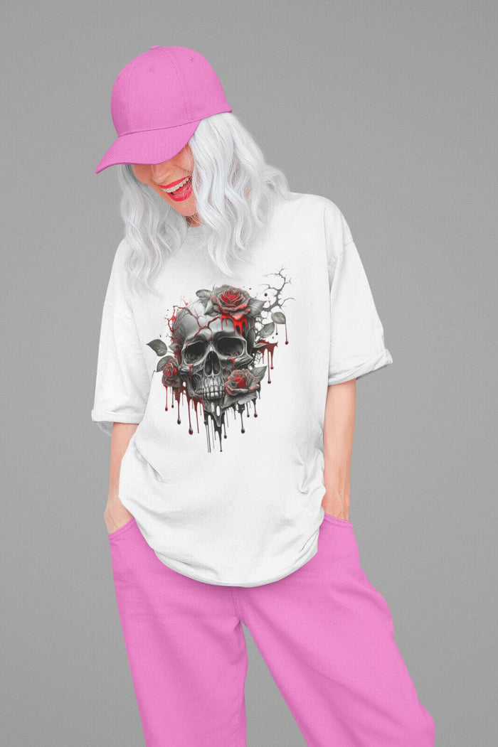Damen Oversize Shirt Rote Rosen Totenkopf Beatz
