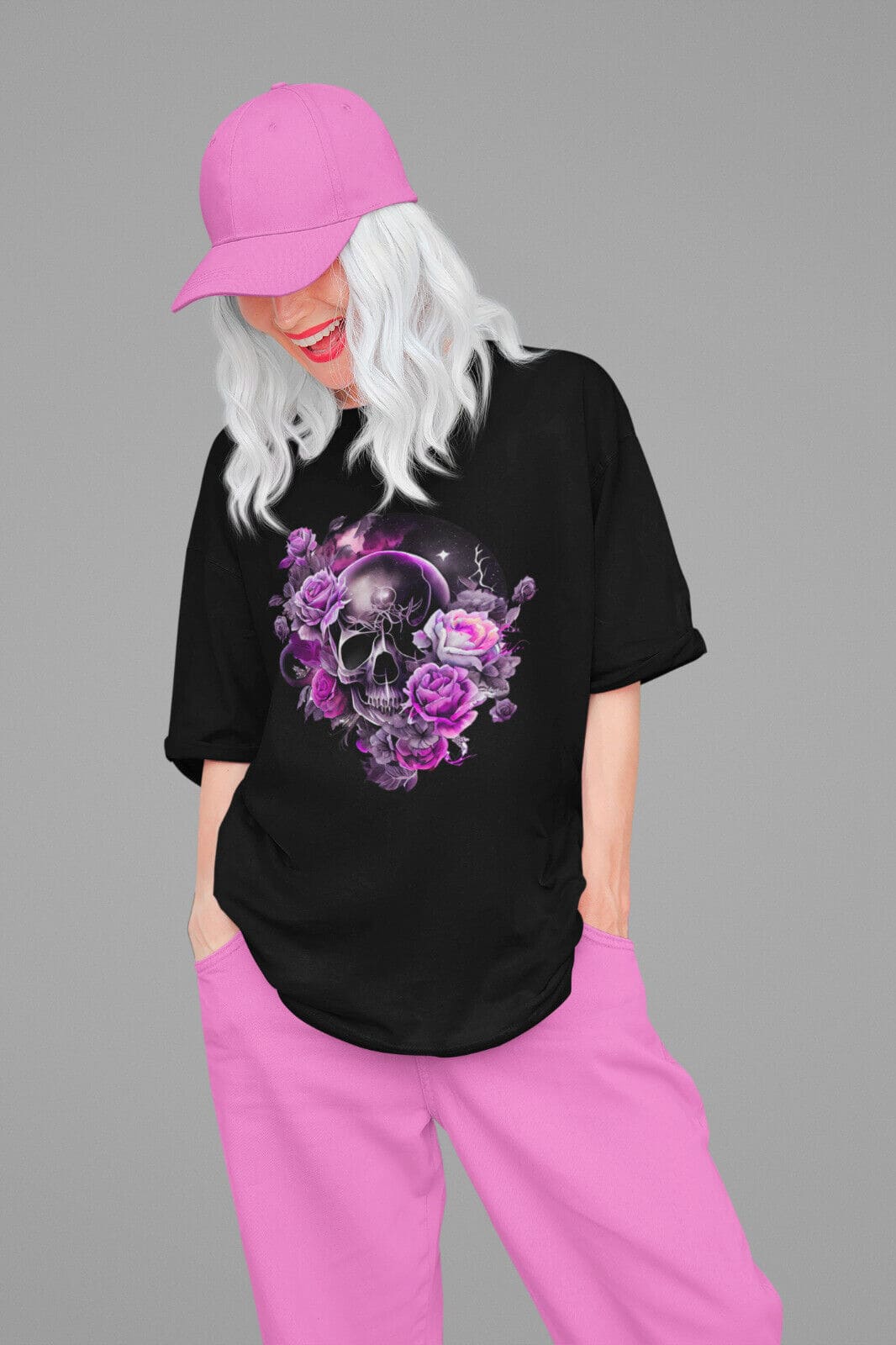 Damen Oversize Shirt Rosa Rosen Totenkopf Beatz